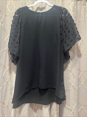 Black Flutter Sleeve Blouse with Textured Dot Sleeves - Brand Not Visible